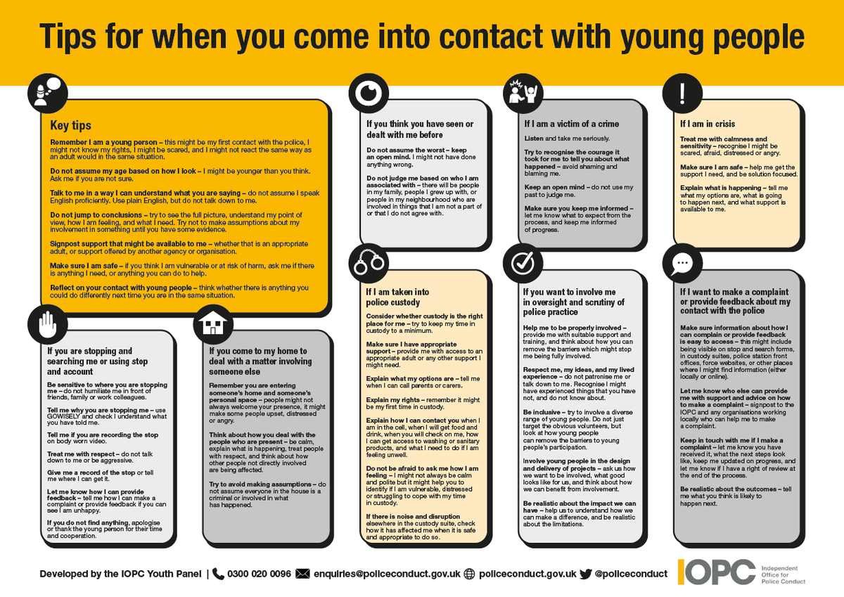 Youth Justice Board (@_yjb) on Twitter photo The <a href="/policeconduct/">Independent Office for Police Conduct (IOPC)</a> have collaborated with their Youth Panel to produce a new guide which highlights tips for police officers when they come into contact with children and young adults💡 The <a href="/policeconduct/">Independent Office for Police Conduct (IOPC)</a> have collaborated with their Youth Panel to produce a new guide which highlights tips for police officers when they come into contact with children and young adults💡