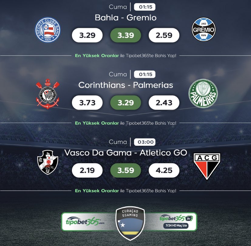 Günün maçları en yüksek oranlar ile #tipobet'te.
🎯En yüksek oranlardan hemen bu maçlara bahis yaparak eşsiz fırsatlardan yararlan.
📺Canlı maç izle: tipobet20.tv
👥Belgesiz , evraksız üyelik : bit.ly/2R8Po2I