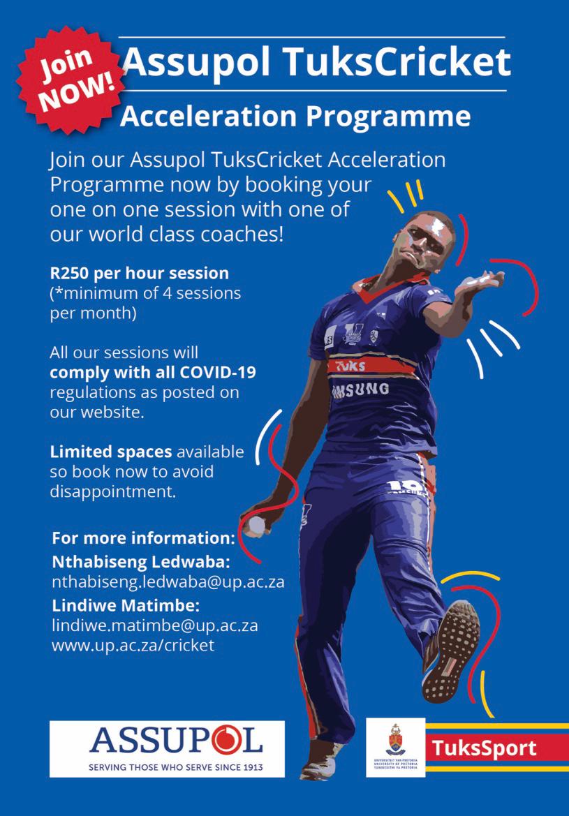 TuksSport's tweet image. #TuksSport: #Level2Lockdown Unlocked

Join the #AssupolTuksCricket Acceleration Programme by booking your one on one session with the leading coaches at @UPTuks.

🏏 For more info, contact nthabiseng.ledwaba@up.ac.za &amp;amp; lindiwe.matimbe@up.ac.za OR visit up.ac.za/cricket