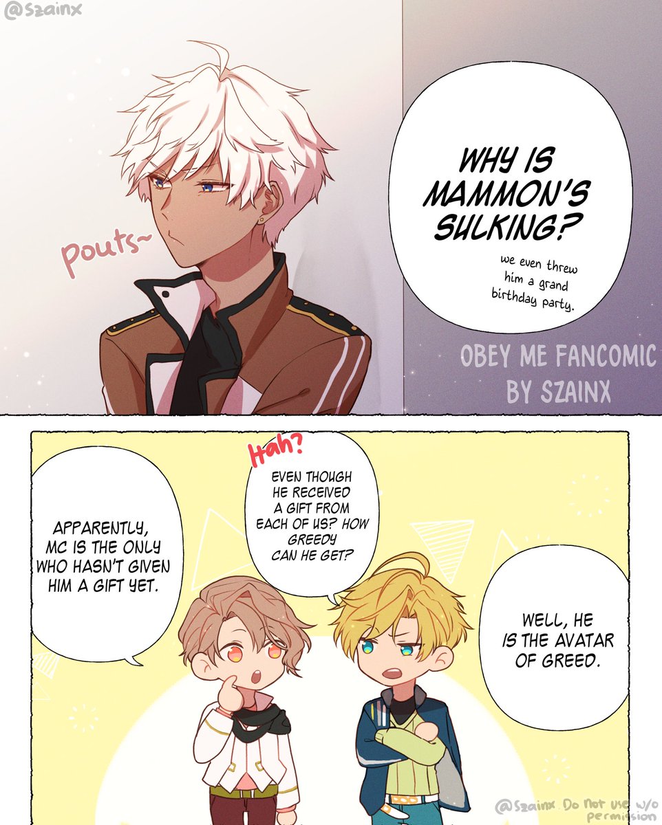 Happy Birthday to Mammon!!! 🥺🥺💕💕 I made a heartwarming fancomic for him ft. my MC! I don't know why I did this 2 days before his bday ;w;. (1/3). Read from left to right!
.
#obeyme #obeymemammon #obeymemc #obeymecomic #HappyBirthdayMammon #obeymeshallwedate 