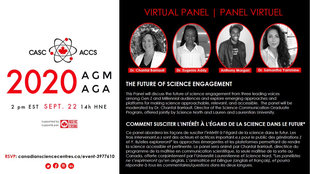 CASC_ACCS's tweet photo. It's time for our 2020 Annual General Meeting!
#CASC2020 #AGM #ScienceChampions #Scicomm

Et c’est maintenant le moment de tenir notre Assemblée générale annuelle de 2020 !
#ACCS2020  #AGA #ChampionsDeLaScience

Learn more | En savoir plus: https://t.co/kHsws4omJy https://t.co/NwAV0mQnXx