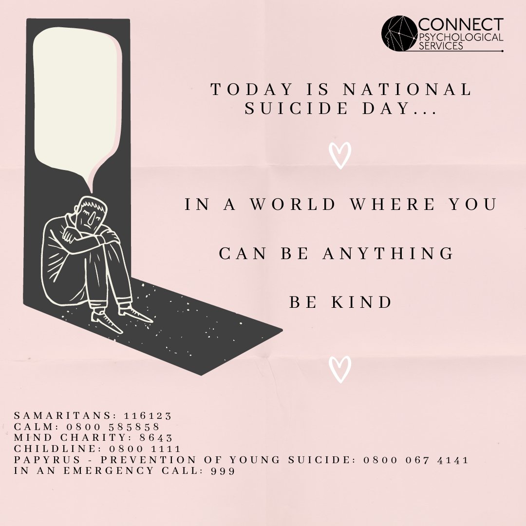 Today is national suicide day. Spotting signs of distress & directing a person to help can save lives. Suicide is a social issue & the biggest killer of men under 45 in the UK. Suicide prevention is a topic in the online MHFA training in December. Enquire admin@connect-ps.co.uk