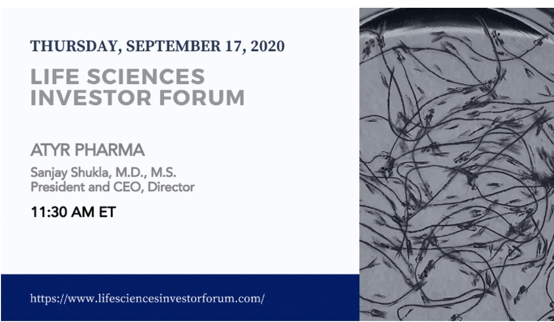 aTyrNews's tweet photo. President and CEO, Director, Sanjay Shukla, M.D., M.S. will present at @LifeSciForum  on Thursday, September 17th, at 11:30 AM ET. Get details on the webcast here: https://t.co/Rgh5aqR384 (NASDQ: LIFE) #RareDiseases https://t.co/U34SWNWHOo