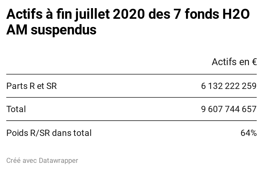 6/ Sur les 9,6 milliards (à fin juillet) "gelés", 64%, soit 6,1 milliards, sont dans les parts R et SR. Ces parts "Veuve de Carpentras" pèsent entre 17% et 91% de l'encours des fonds "gelés".