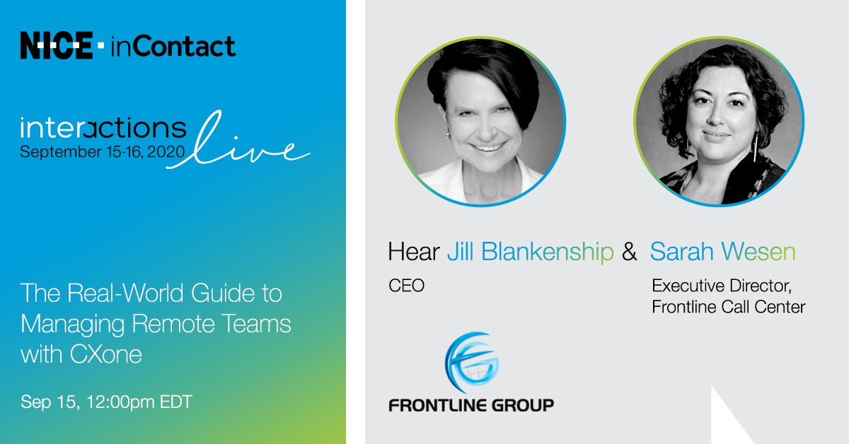 windsortanner's tweet image. Get reenergized to confidently manage your remote workforce with CXone by maximizing remote agent and employee success.
 
Jill Blankenship, CEO of @FrontlineCall, has all the tips and tricks. Don’t miss her interactive session at #NICEi20Live &amp;gt;&amp;gt;
okt.to/7hLFu1