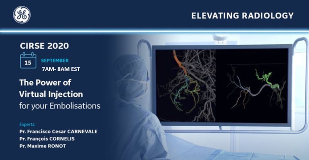 Don't miss our LIVE CIRSE Symposium with 3 Expert physicians (Profs Carnevale, Cornelis, and Ronot) on September 15th at 7:00am EST. You will hear about GE key innovative solutions for your embolizations. Register now: lnkd.in/gjip5Vx #GEHealthcare #CIRSE2020 #IRad
