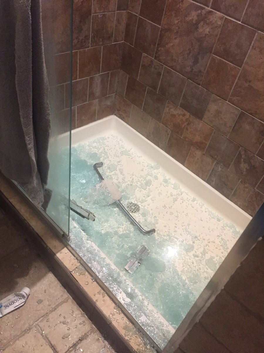 HHClegg's tweet photo. Was awoken in the middle of the night to a shattered upstairs bathroom shower door. Was v #spooooooky https://t.co/lYLuehHxrp