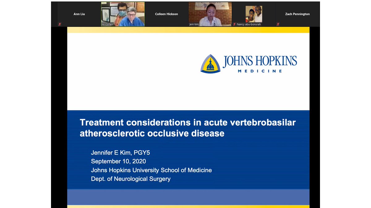 HopkinsNsurg's tweet photo. Grand Rounds today: PGY5 Dr. Jennifer Kim started off reviewing treatment considerations in acute vertebrobasilar atherosclerotic occlusive disease. #strokecall #vascularneurosurgery https://t.co/aQiBrRtXP8