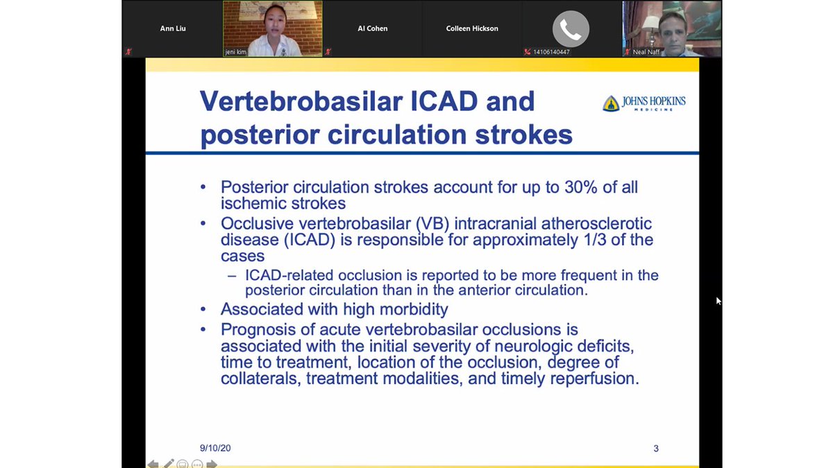 HopkinsNsurg's tweet photo. Grand Rounds today: PGY5 Dr. Jennifer Kim started off reviewing treatment considerations in acute vertebrobasilar atherosclerotic occlusive disease. #strokecall #vascularneurosurgery https://t.co/aQiBrRtXP8