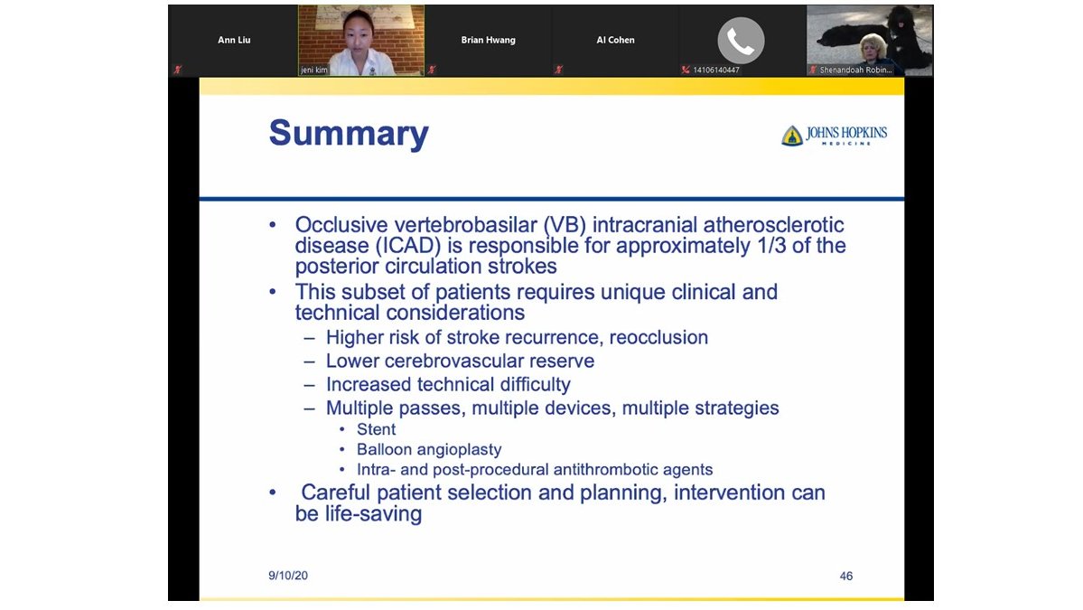 HopkinsNsurg's tweet photo. Grand Rounds today: PGY5 Dr. Jennifer Kim started off reviewing treatment considerations in acute vertebrobasilar atherosclerotic occlusive disease. #strokecall #vascularneurosurgery https://t.co/aQiBrRtXP8