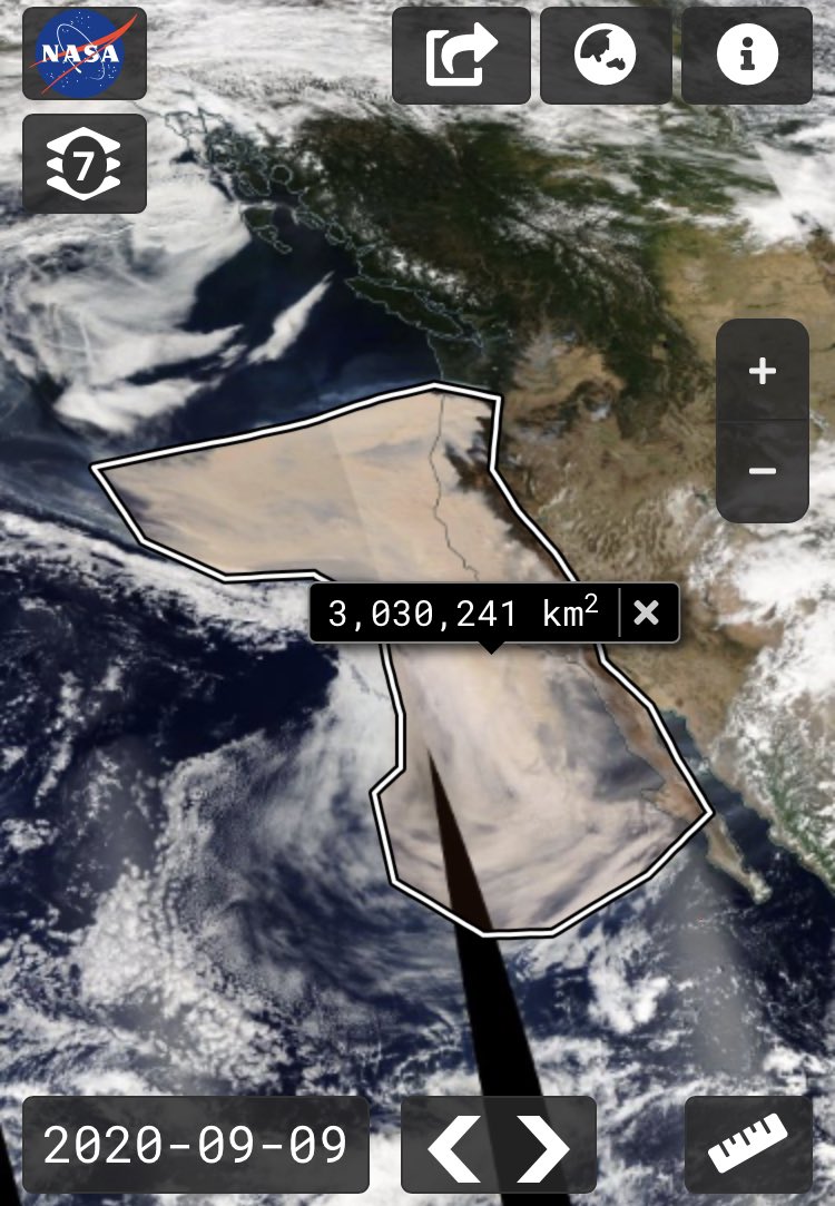 DrT_Jackson's tweet photo. MODIS Aqua’s view on the enormous area under the pall of the fires in California yesterday. #wildfiresmoke #earthobservation https://t.co/DQSSfv8iDp