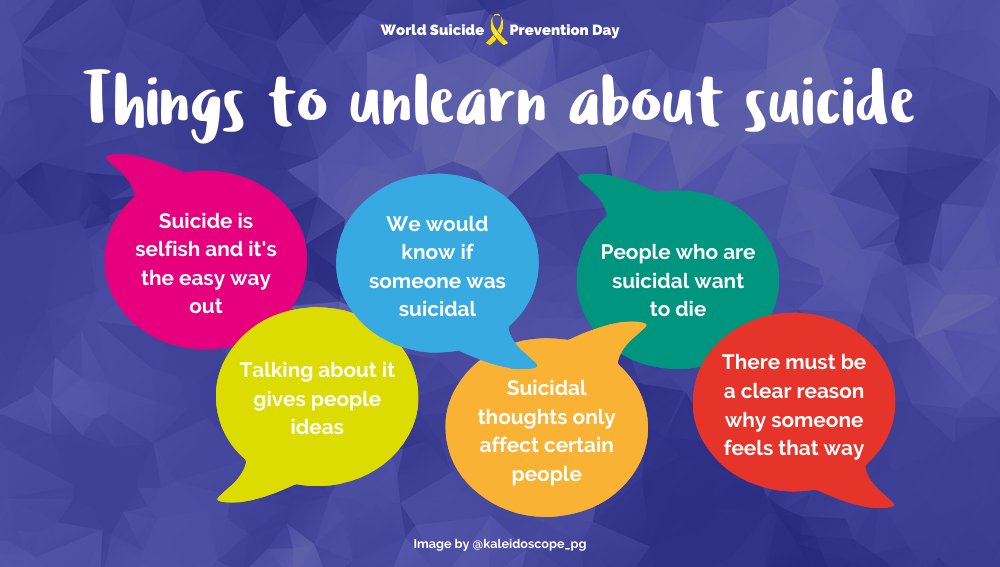 Kaleidoscope_PG's tweet photo. Suicide is not a cry for attention and people who say they want to end their lives should be taken very seriously.

1 in 5 people have thought about suicide at some time in their life.

The stigma surrounding suicide is still very real and it's time to debunk the myths #WSDP https://t.co/mlZO2yHC5J
