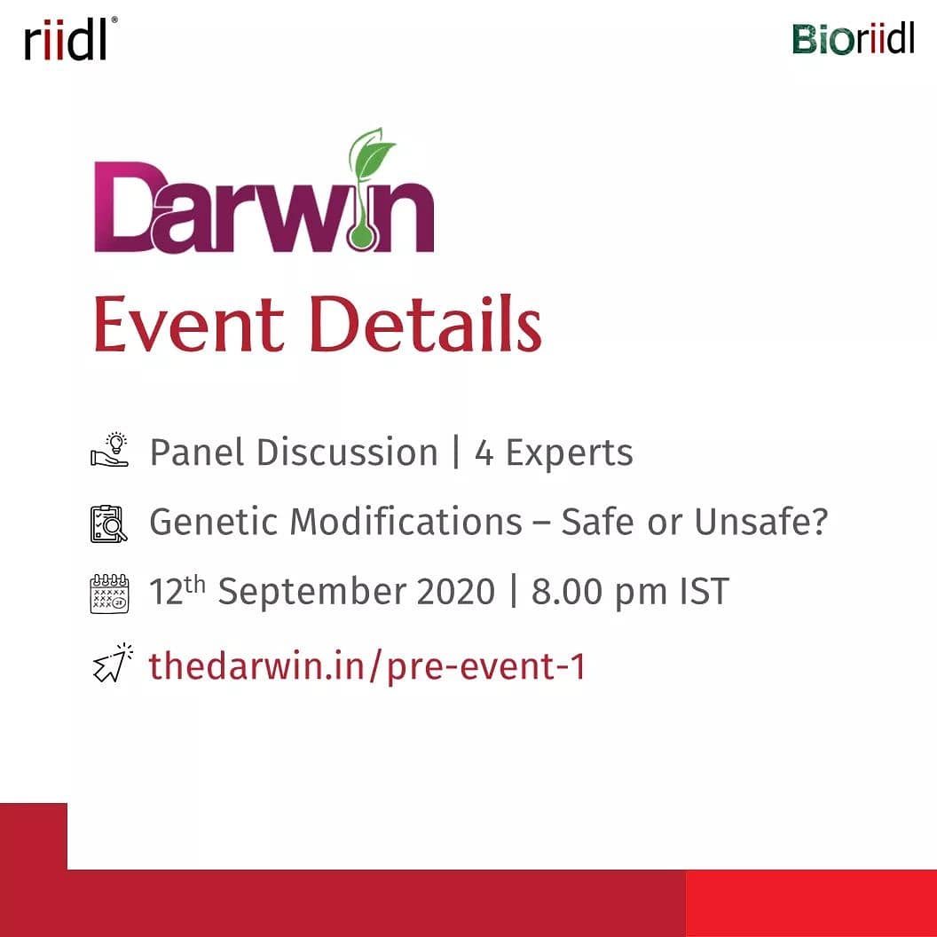 darwin_india's tweet photo. A field of promise &amp; a subject of debate #GeneticModifications is changing the food we eat &amp; the world we live in

In this pandemic, panelists will share #insights on whether the #genetic modifications are safe or not! RSVP: https://t.co/N9UHggmvBa

#DarwinForUs #bioriidl #riidl https://t.co/tSDim22txh