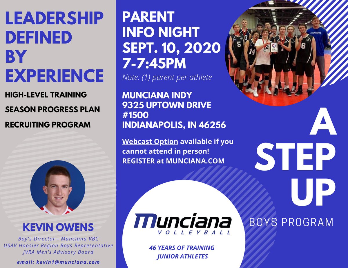 BOYS PARENT INFO SESSION TONIGHT at MuncianaINDY - 7PM! Can’t join us in person? for Live Webstream at MUNCIANA.COM #astepup <a href="/MuncianaVB/">Munciana Volleyball</a> <a href="/MuncianaINDY/">MuncianaINDY</a>