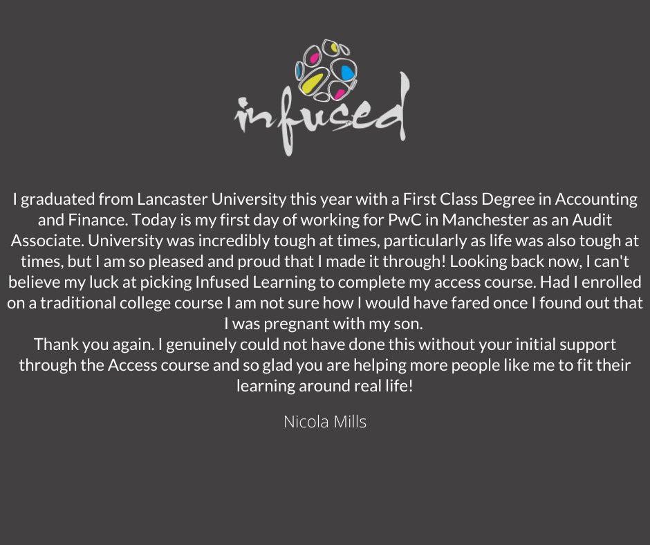 InfusedLearn's tweet photo. Nicola has graduated with a First Class Degree in Accounting and Finance, she is one of our many students that have gone on to achieve their dream degree and career! Read why our unique and multiple award-winning model worked for her. 
 #thursdayvibes
 #AccesstoHE https://t.co/ntEQ5yUmpX