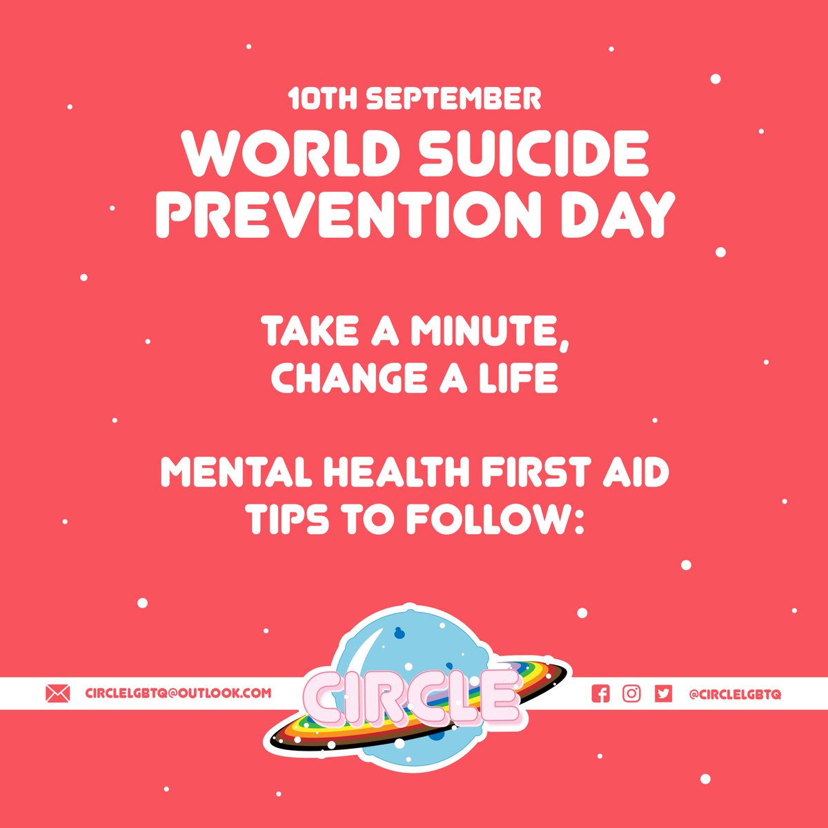circleLGBTQ's tweet photo. 1/2 ❤️ World Suicide Prevention Day ❤️ 
Swipe through for mental health first aid tips &amp; how you can help someone who needs support!
#SuicidePreventionDay
#itsokaynottobeokay
#mentalhealth
#lgbtq https://t.co/Y8KLHhDA6J