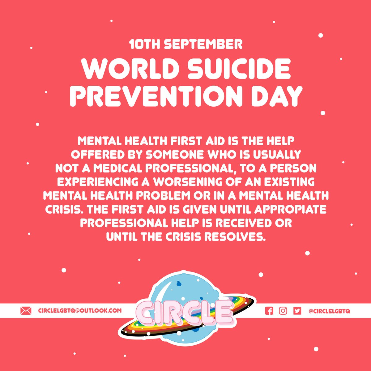 circleLGBTQ's tweet photo. 1/2 ❤️ World Suicide Prevention Day ❤️ 
Swipe through for mental health first aid tips &amp; how you can help someone who needs support!
#SuicidePreventionDay
#itsokaynottobeokay
#mentalhealth
#lgbtq https://t.co/Y8KLHhDA6J