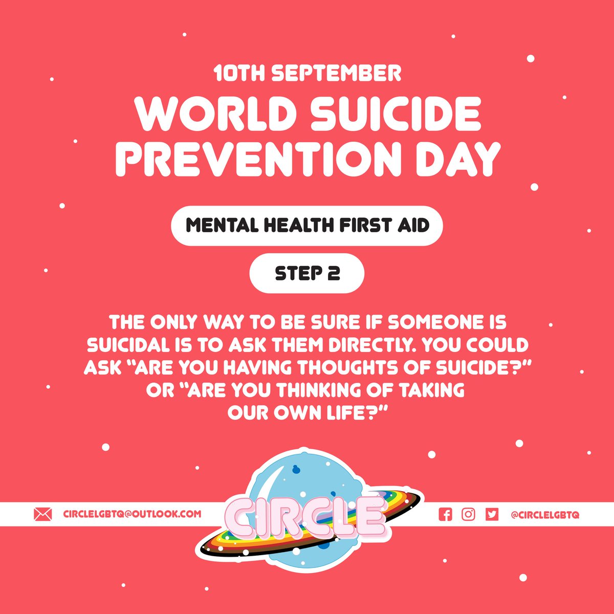 circleLGBTQ's tweet photo. 1/2 ❤️ World Suicide Prevention Day ❤️ 
Swipe through for mental health first aid tips &amp; how you can help someone who needs support!
#SuicidePreventionDay
#itsokaynottobeokay
#mentalhealth
#lgbtq https://t.co/Y8KLHhDA6J