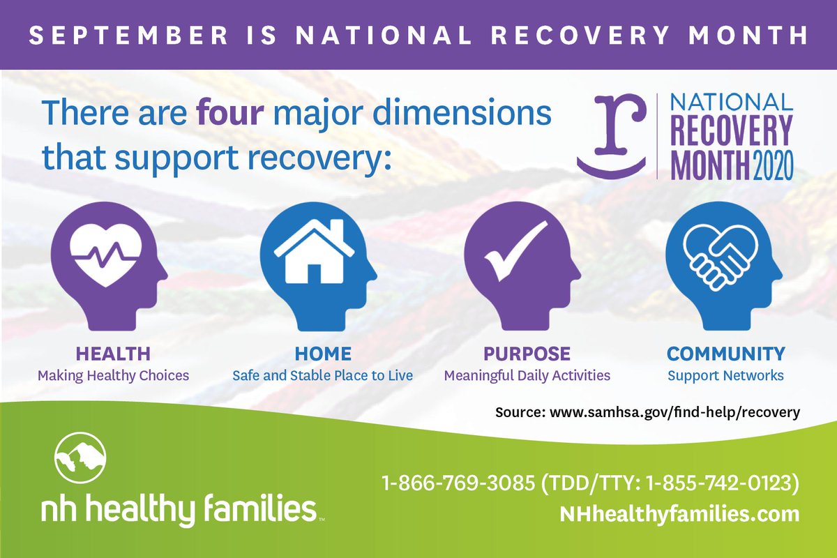 September is National Recovery Month. Recovery is a process of change through which people improve their health and wellness, live self-directed lives, and strive to reach their full potential. bit.ly/2Fpe44o #SAMHSA #NHhealthy #InNHforNH #RecoveryMonth