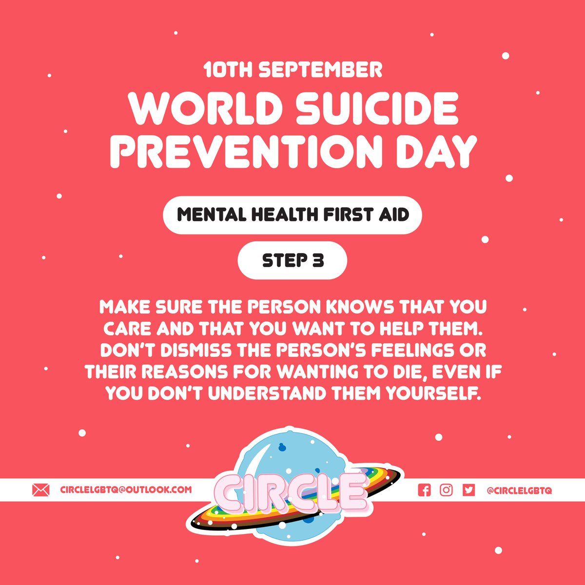 circleLGBTQ's tweet photo. 2/2 ❤️ World Suicide Prevention Day ❤️ 
Swipe through for mental health first aid tips &amp; how you can help someone who needs support!
#SuicidePreventionDay
#itsokaynottobeokay
#mentalhealth
#lgbtq https://t.co/qOLCYIHo6g