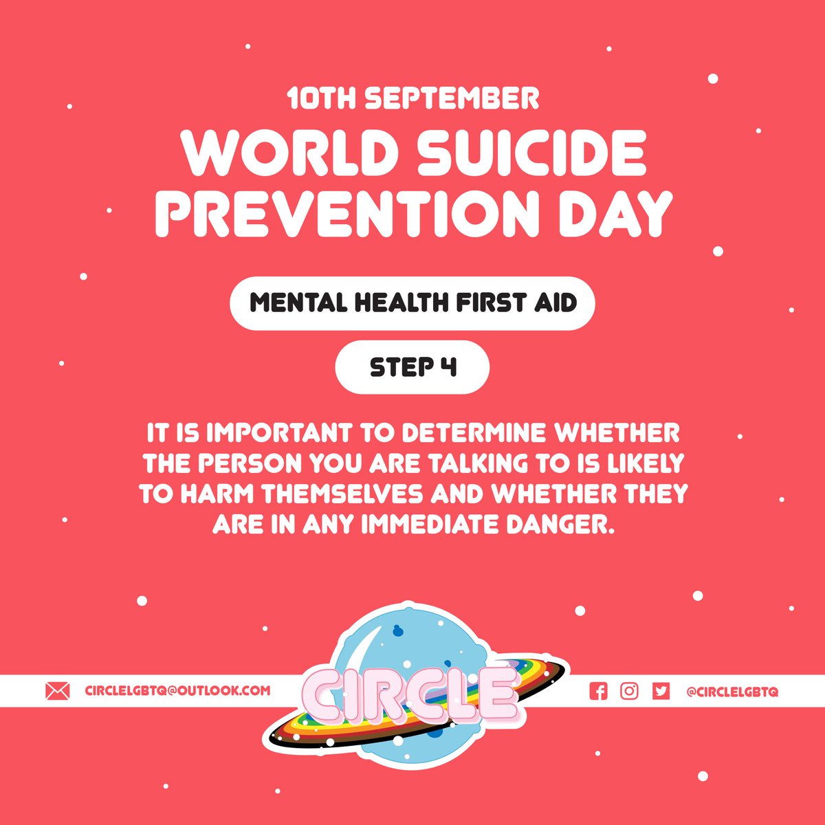 circleLGBTQ's tweet photo. 2/2 ❤️ World Suicide Prevention Day ❤️ 
Swipe through for mental health first aid tips &amp; how you can help someone who needs support!
#SuicidePreventionDay
#itsokaynottobeokay
#mentalhealth
#lgbtq https://t.co/qOLCYIHo6g