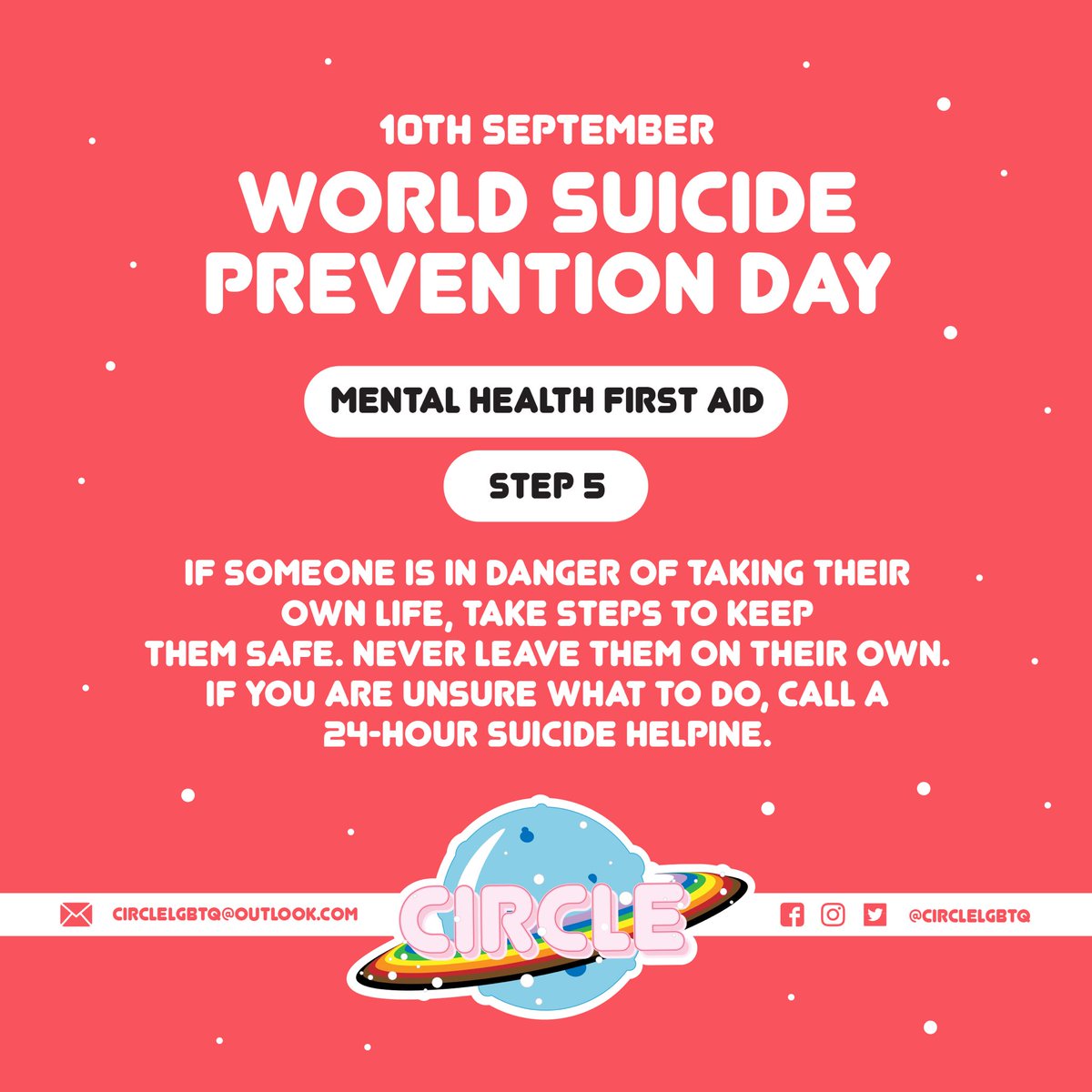 circleLGBTQ's tweet photo. 2/2 ❤️ World Suicide Prevention Day ❤️ 
Swipe through for mental health first aid tips &amp; how you can help someone who needs support!
#SuicidePreventionDay
#itsokaynottobeokay
#mentalhealth
#lgbtq https://t.co/qOLCYIHo6g