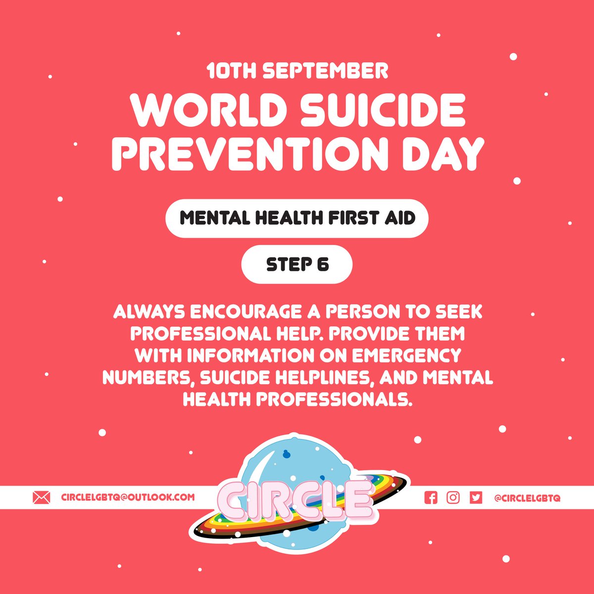 circleLGBTQ's tweet photo. 2/2 ❤️ World Suicide Prevention Day ❤️ 
Swipe through for mental health first aid tips &amp; how you can help someone who needs support!
#SuicidePreventionDay
#itsokaynottobeokay
#mentalhealth
#lgbtq https://t.co/qOLCYIHo6g