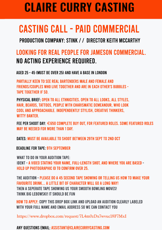 ccurrycasting's tweet photo. Still keen to see more women taping for Jameson Commerical - if you can get the tape to me by tomorrow!
#jameson #casting #castingdirector #coolchics https://t.co/LBOBTVa6jV