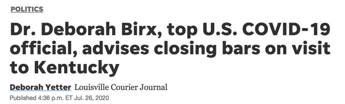 In place after place, the WH task force and outside experts have been giving the same prescription: Close bars, restrict indoor dining, and limit social gatherings at first sign of outbreak. Just Google "Deborah Birx [state]" and you'll see it everywhere.