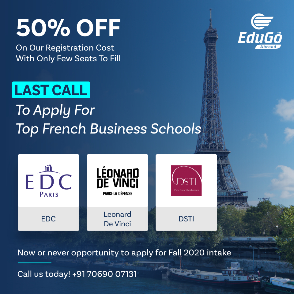 Edugo_Abroad's tweet image. 📢Don't miss this opportunity. GRAB IT.

Only a few seats are left to apply for EDC, Leonard De Vinci and DSTI with 50% OFF on our registration cost. 

To know more, 📞: +91 70690 07131
Visit our website: edugoabroad.com
#StudyInFrance #BusinessSchool #FallIntake