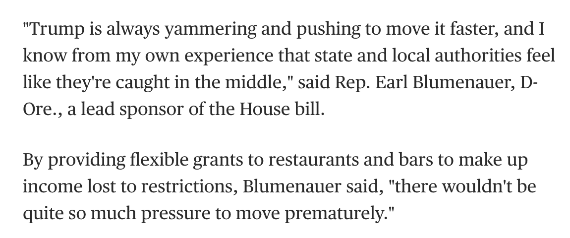 Relief talks are stalled. But even there industry groups argue more PPP won't cut it, they need targeted relief with more flexibility. They're pushing the RESTAURANTS Act, a $120b bill with bipartisan backing. Sponsors argue it would help states make better health decisions.