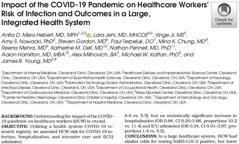 Healthcare workers (HCW) had similar odds of testing #COVID19 positive and lower odds of hospitalization vs. non-HCW in large healthcare system analysis controlled for differences in baseline characteristics <a href="/clevelandclinic/">Cleveland Clinic</a> <a href="/AMisraHebert/">Anita Misra-Hebert</a> link.springer.com/article/10.100…