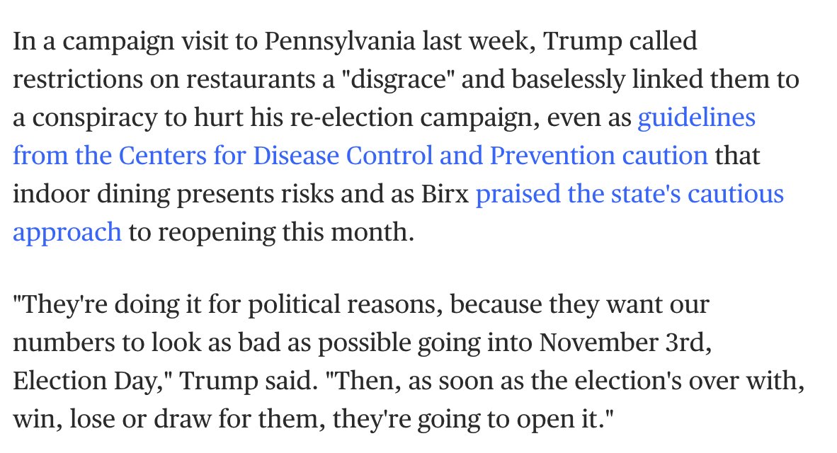 And while the WH task force can promote their health plan via local press and quiet letters to governors, Trump is actively undercutting it. Dr. Birx will visit a state and call them a national model, Trump will visit the same week and say it's a conspiracy to elect Biden.