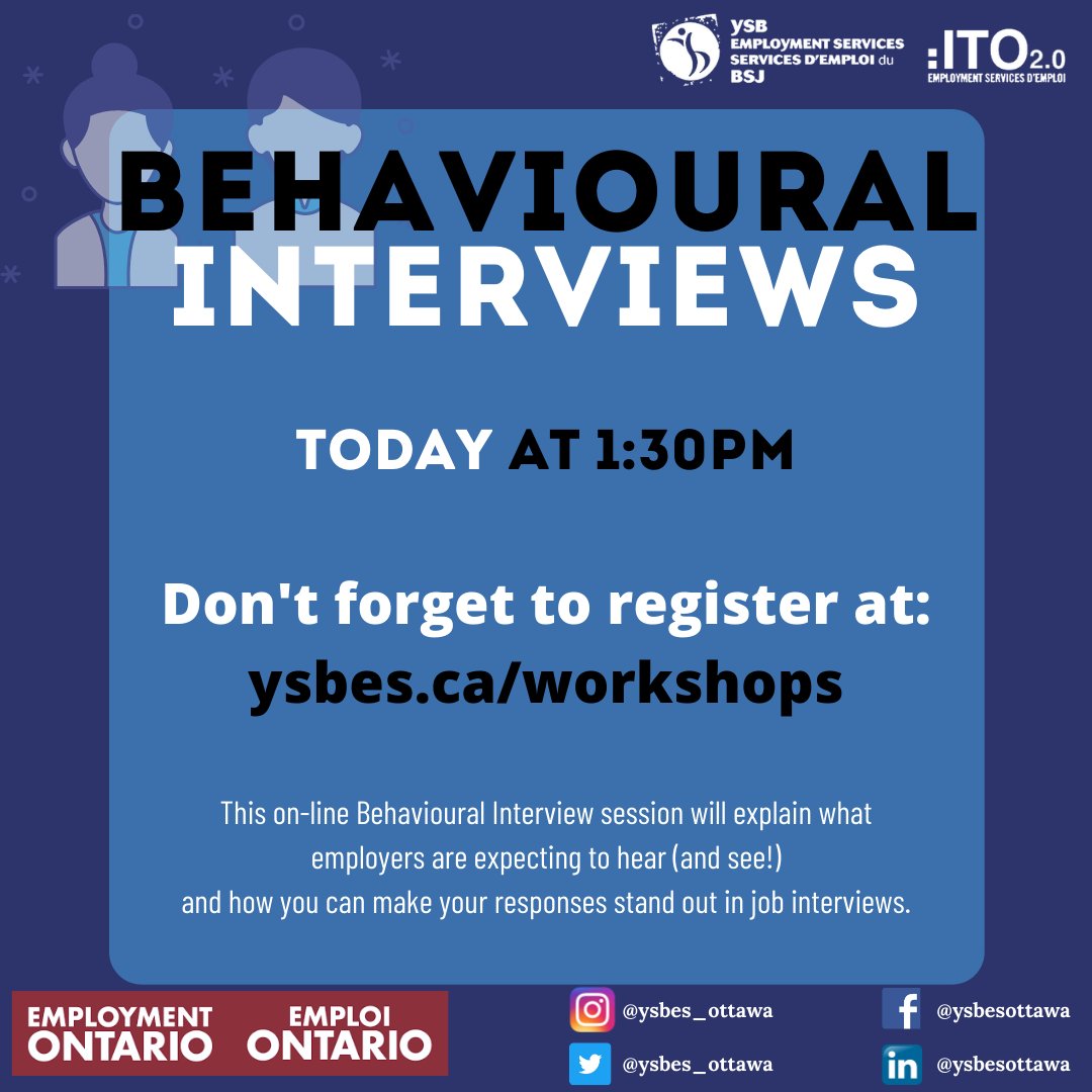 YSBES_Ottawa's tweet photo. Don't miss out on Behavioural Interviews today at 1:30pm. Register at https://t.co/dDisaYJiSu
#ysbes #ysbito #ysbemployment #behaviouralinterview #InterviewSkills #workshops #lifeskills #Interview https://t.co/tjiyVKPLIw