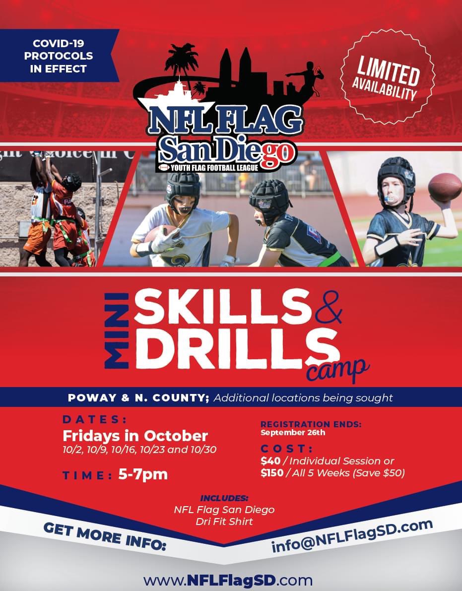 While we are sad that we aren't allowed to launch fall league play, we are excited to hold a Mini Skills &amp; Drills Camp starting on October 2nd for five weeks with locations in Poway and North County. The link to register is on our website at NFLFlagSD.com.

#NFLFlagSD