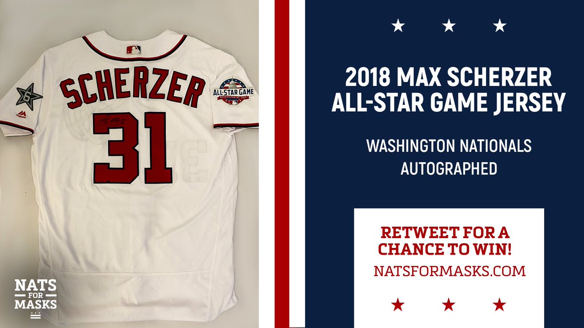 natsformasks's tweet photo. After raising an amazing $31,000 for masks for those in need in DC, #NatsforMasks is back with more signed Scherzer gear! RT and like this tweet to enter to win a 2018 signed Scherzer ASG jersey, and head to https://t.co/NNTCSiUv2a to check out our other raffle and auction items! https://t.co/O369YuICsZ
