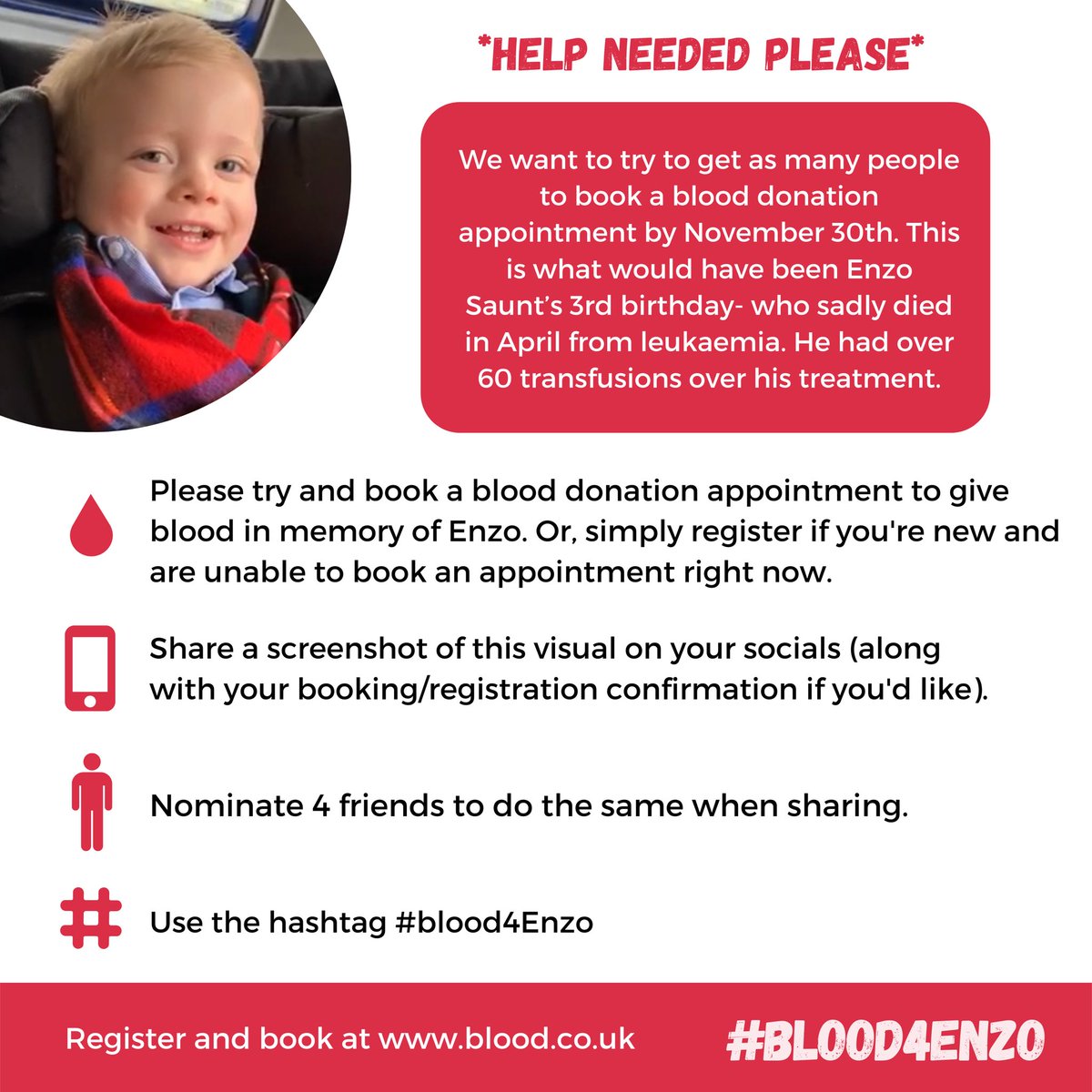 rosie_saunt's tweet photo. Hello Twitter-I just wanted to share this little campaign we’ve started to try to get as many people donating blood (or registering as a new donor), before what would have been Enzo’s 3rd birthday. I nominate @HelenlouWest @FionaQuigs @thephitcoach and @Leicnut #blood4enzo 🦖🩸x https://t.co/x04WwRzpij