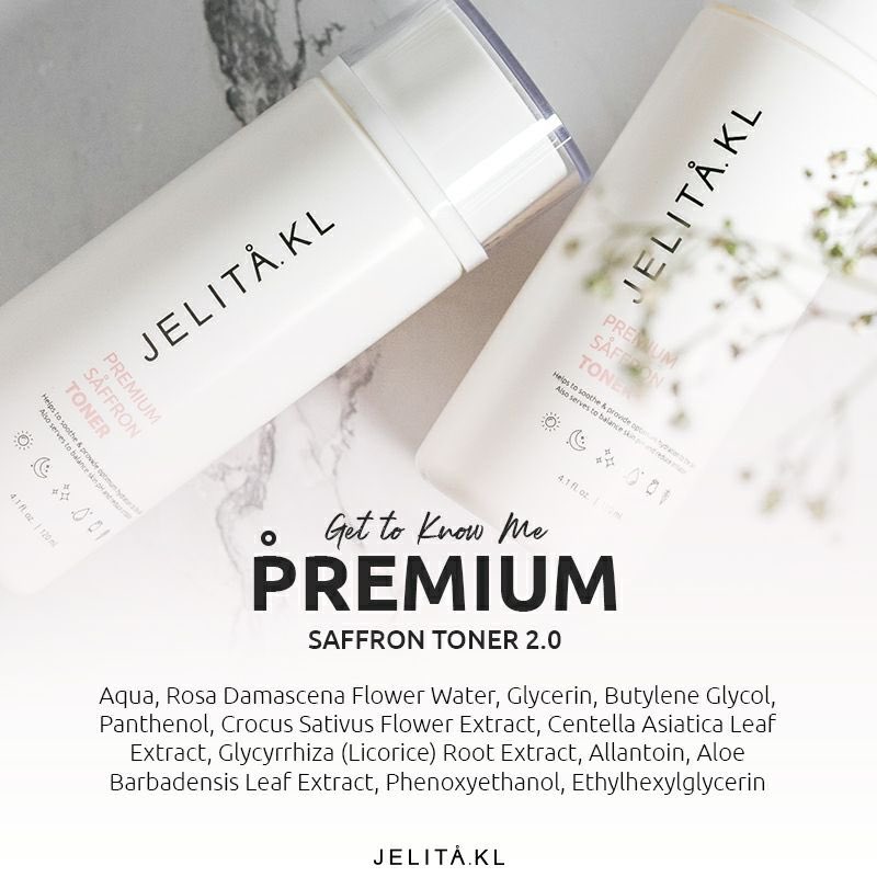 Instead, use products macam JelitaKL Premium Saffron Toner which ada ingredients yang Antioxidants@ Antiflammatory: Rose water, Panthenol and AllantoinHydrating and skin protective: Glycerin Soothe Inflammation: Centella, Licorice and Aloe Vera