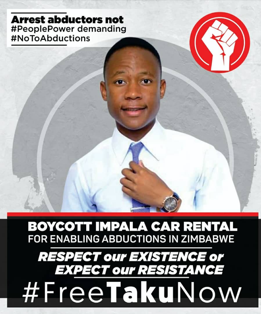 ZctuZimbabwe's tweet photo. #FreeTakuNow
#impalacarrentalmustfall 
We demand the unconditional release of our young leader @ngadziore the President of @Zinasuzim.

Demanding a stop to abductions is never a crime. 

Protesting against @impalacarrental is never a crime. 

Taku must be released now. https://t.co/HDxEUaTGDe