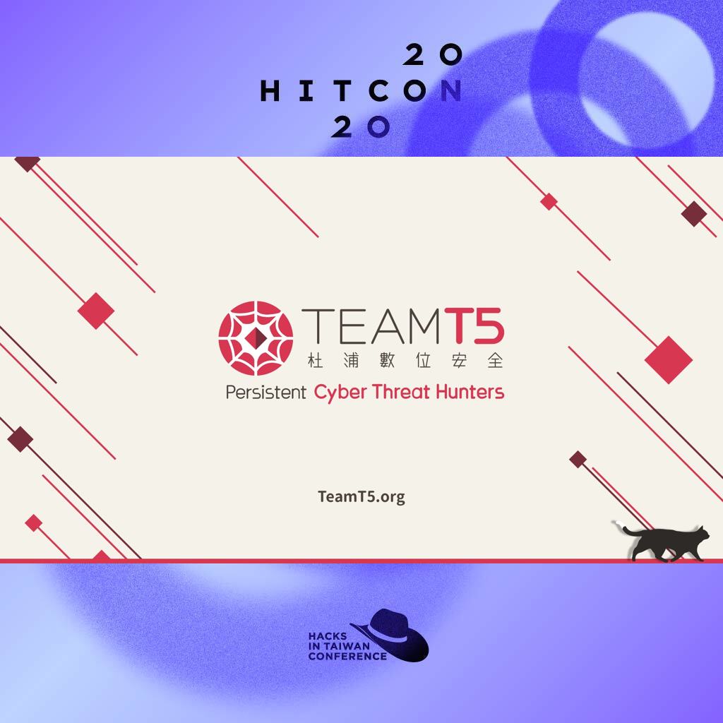 [HITCON 2020 Sponsor]

💎Diamond : TeamT5💎
<a href="/TeamT5_Official/">TeamT5</a> is the best Taiwan-based APT solution provider.
Based on our experience and expertise, we developed #ThreatSonar, the most effective APT hunting solution, and #ThreatVision, the best cyber threat intelligence portal.