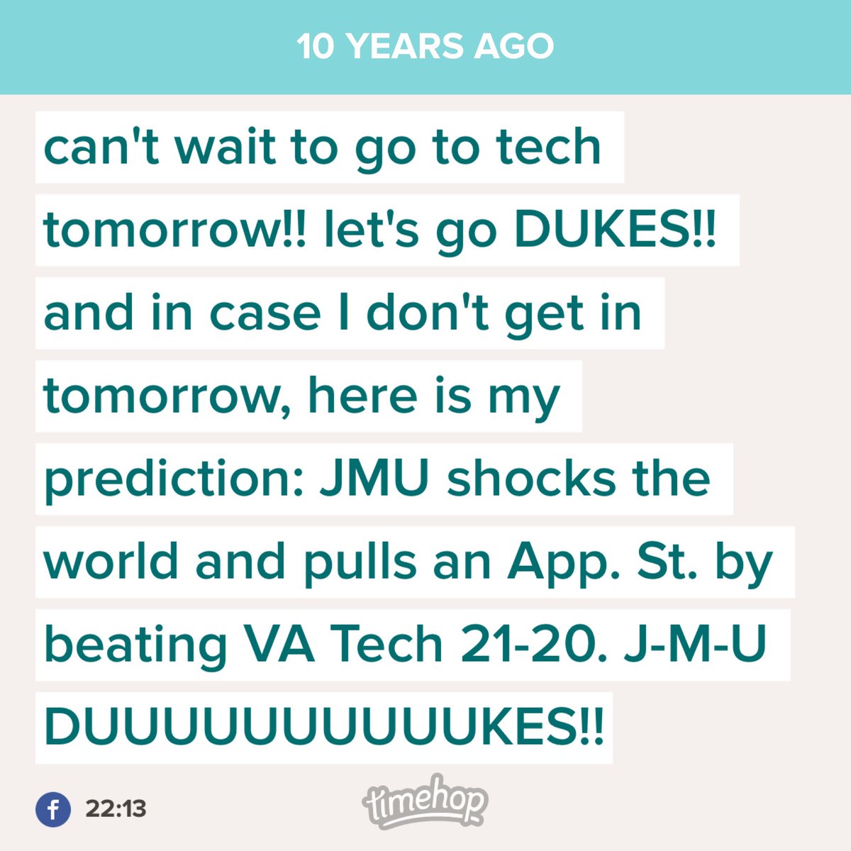 JustinWTarbell's tweet photo. Since #PredictionSaturday won’t be happening this year, throwing it back to how we started it off and probably one of the most impressive #PredictionSaturday picks I’ve ever had! @JMUFootball @JMUSports #GoDukes #WeBeatTech https://t.co/SpTP5scDkn