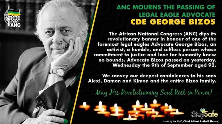ANCECape's tweet photo. ANC dips its revolutionary banner in honour of one of the foremost legal eagles Advocate George Bizos. Advocate Bizos passed on yesterday aged 92. We convey our deepest condolences to his sons Alexi, Damon and Kimon &amp; the entire Bizos family
@BapsMhlaba 
@pearlido 
@Jamilogy https://t.co/9D5vBhG8p1