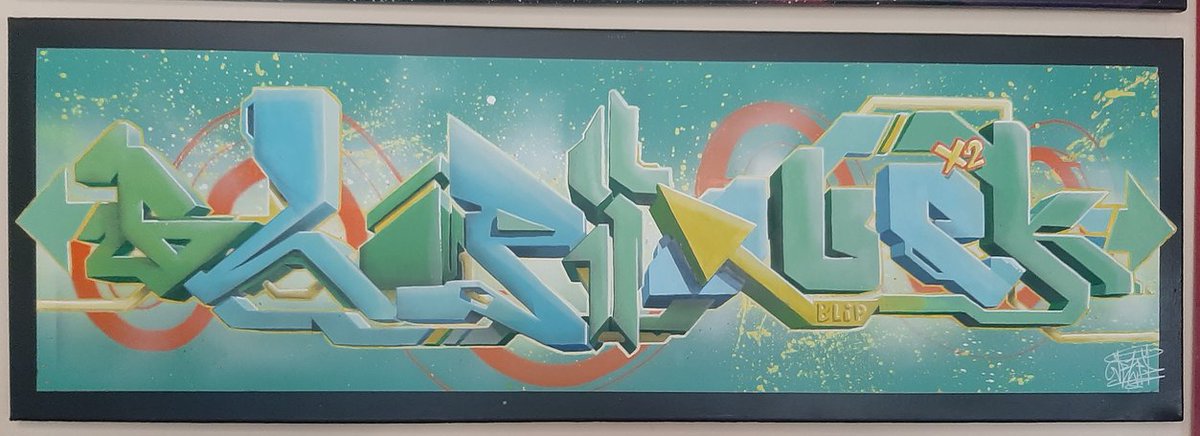 Blipartist's tweet photo. I finished another painting! finally, been a little while hehe... painted live on https://t.co/wu3pftWofl #graffiti #graffitiart #canvas #traditional #spraypaint #acrylics #blipsqueek #3d #twitch #twitchcreative #lettering still gotta varnish it though https://t.co/TIn7hdAWPo