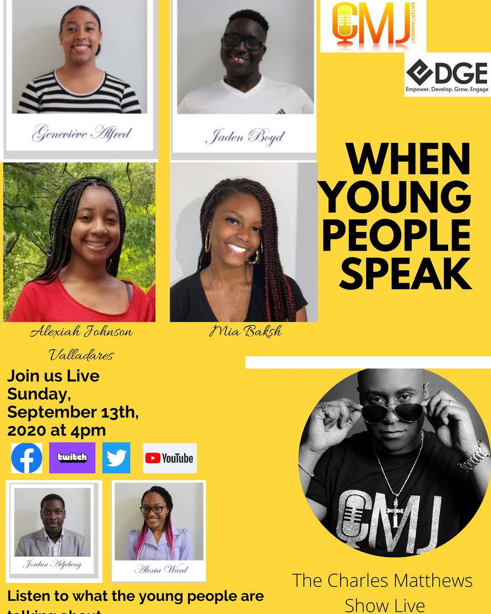 EdgeProgram_'s tweet image. Listen to what the young people are talking about this Sunday Live on @CMJent at 4pm featuring past Beaux and Debutantes.
Tune in to facebook.com/thecharlesmatt…
twitch.tv/cmjentertainme…
The Charles Matthews Show on YouTube #taketheedge #whenyoungpeoplespeak