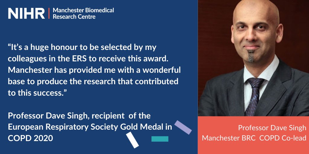 Congratulations to Manchester BRC COPD Co-lead Professor Dave Singh, who has been honoured with the prestigious @EuroRespSoc Gold Medal for his outstanding contribution to COPD. bit.ly/35n0EAY