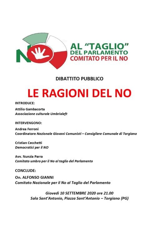 NoTaglio's tweet photo. Stasera alle 21 a Torgiano (PG) dibattito pubblico "Le ragioni del NO".
Per il Comitato nazionale interviene Alfonso Gianni
#IoVotoNO #iovotoNo_Referendum2020 https://t.co/dL5UuvQtbt