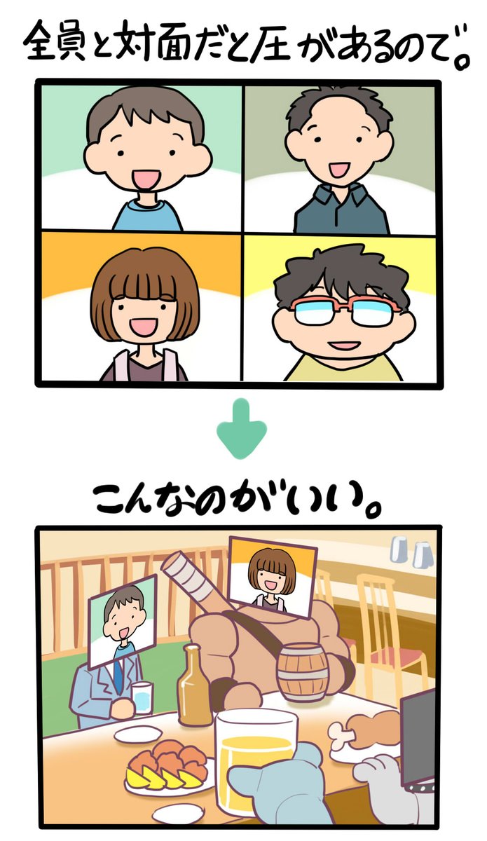 オンライン飲み会をした事もする予定も無いのにこういう事を考えたりする 端っこの席 とりから 8 29新刊出ますの漫画