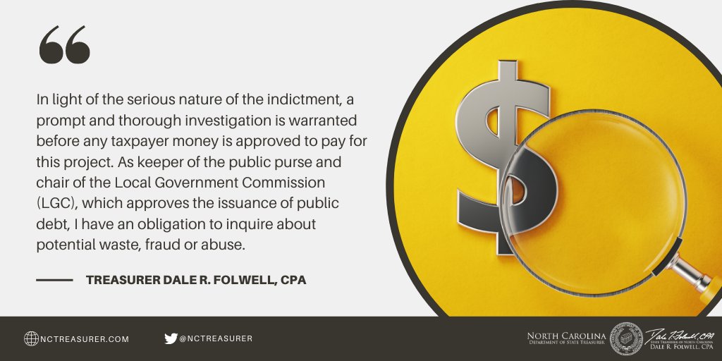 NCTreasurer's tweet image. Both Treasurer @DaleFolwell &amp;amp; @MayorRoberson are calling for an investigation into a proposed multimillion-dollar public-private downtown Rocky Mount development project. Treasurer Folwell said this indictment calls other city decisions into question.

➡️ nctreasurer.com/news/press-rel…