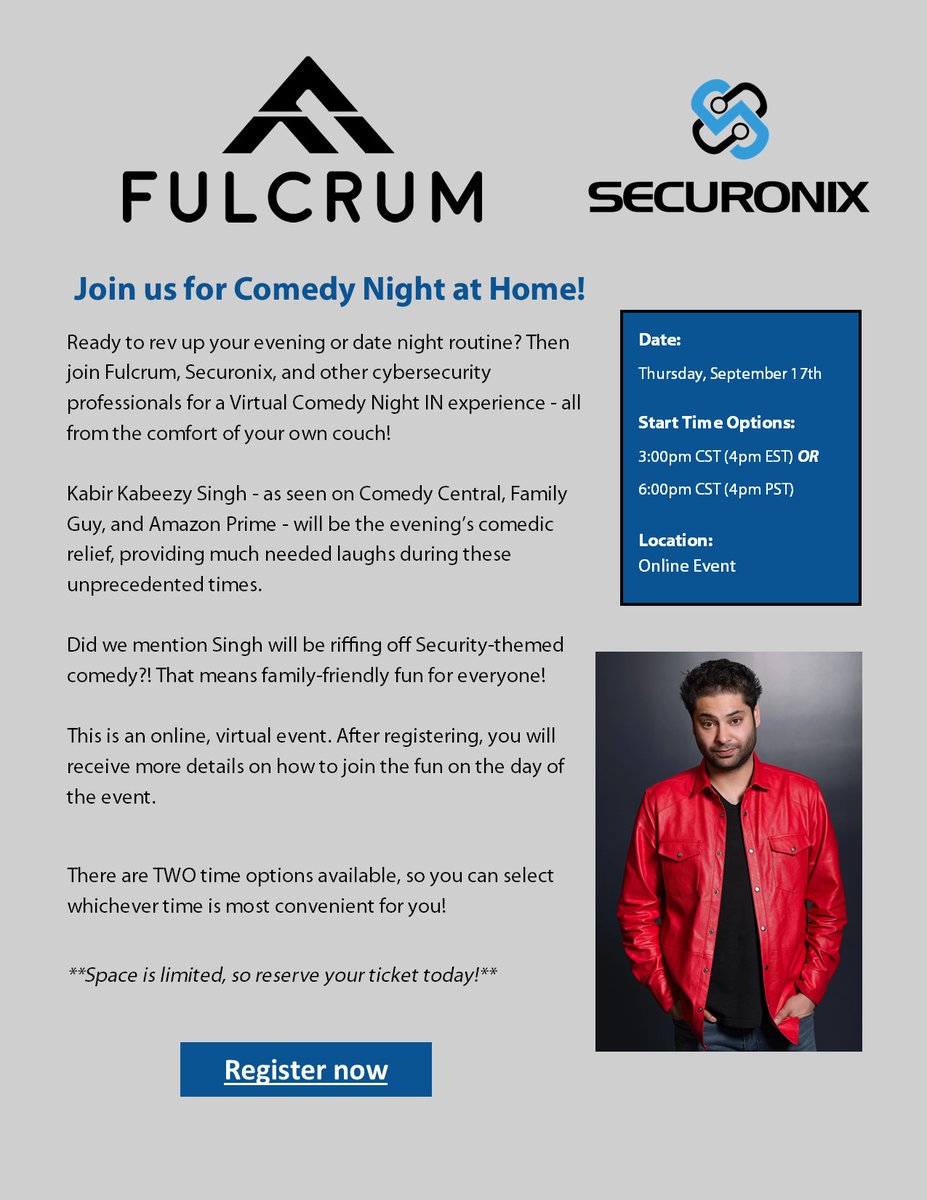 One week out from an evening with comedian, Kabir Singh, as he provides an hour of cybersecurity-themed laughter. Join <a href="/fulcrumtsc/">Fulcrum</a>, <a href="/Securonix/">Securonix</a>, and other cybersecurity professionals on September 17th for Comedy Night IN! Register now to reserve your spot! eventbrite.com/e/virtual-cybe…