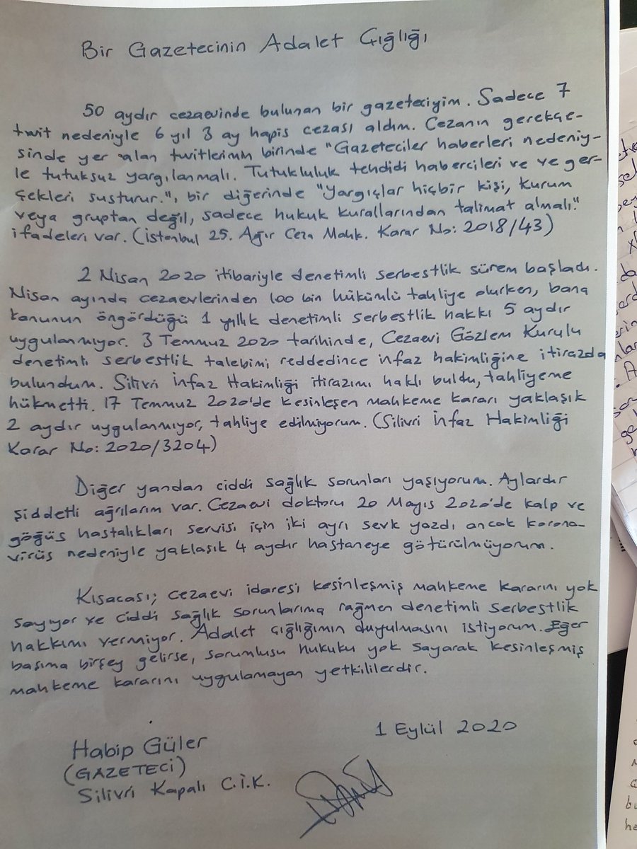 sevincozarslan's tweet photo. Gazeteci Habip Güler 50 aydır Silivri'de. Denetimli serbestlik zamanı geldi. Tahliye etmediler. Karara itiraz etti, infaz hakimi onu haklı buldu, yine etmediler. Böyle birçok gazeteci var. Dün gazeteciler tahliye edilince gözleri dolanların acaba Güler için de bir sözü var mı? https://t.co/5Qn0q6Ysgz